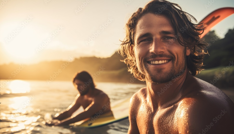 Surf coach guiding a student paddling on a longboard in calm water